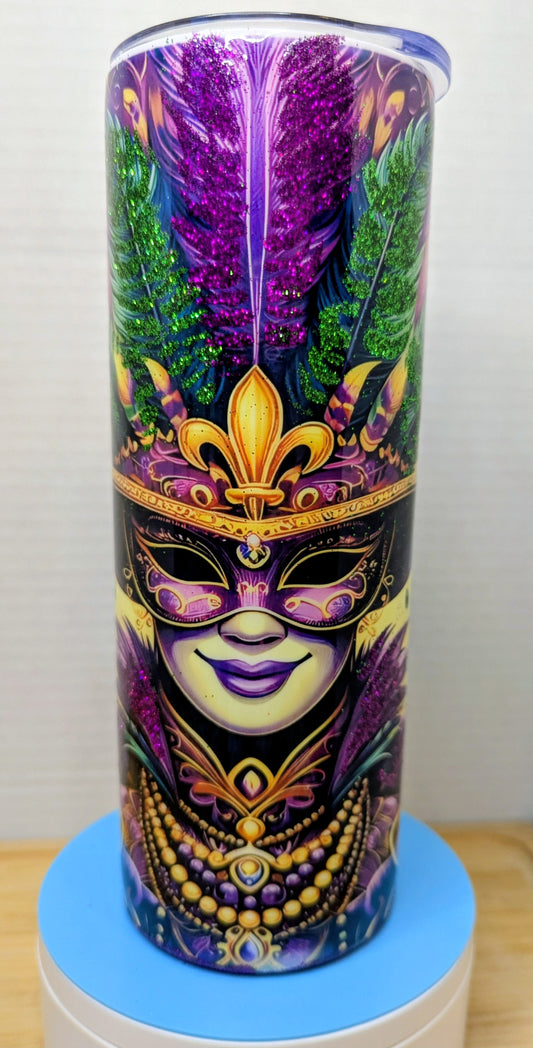 Stainless Steel Tumbler 20oz - Mardi Gras Glitter Plume Hat