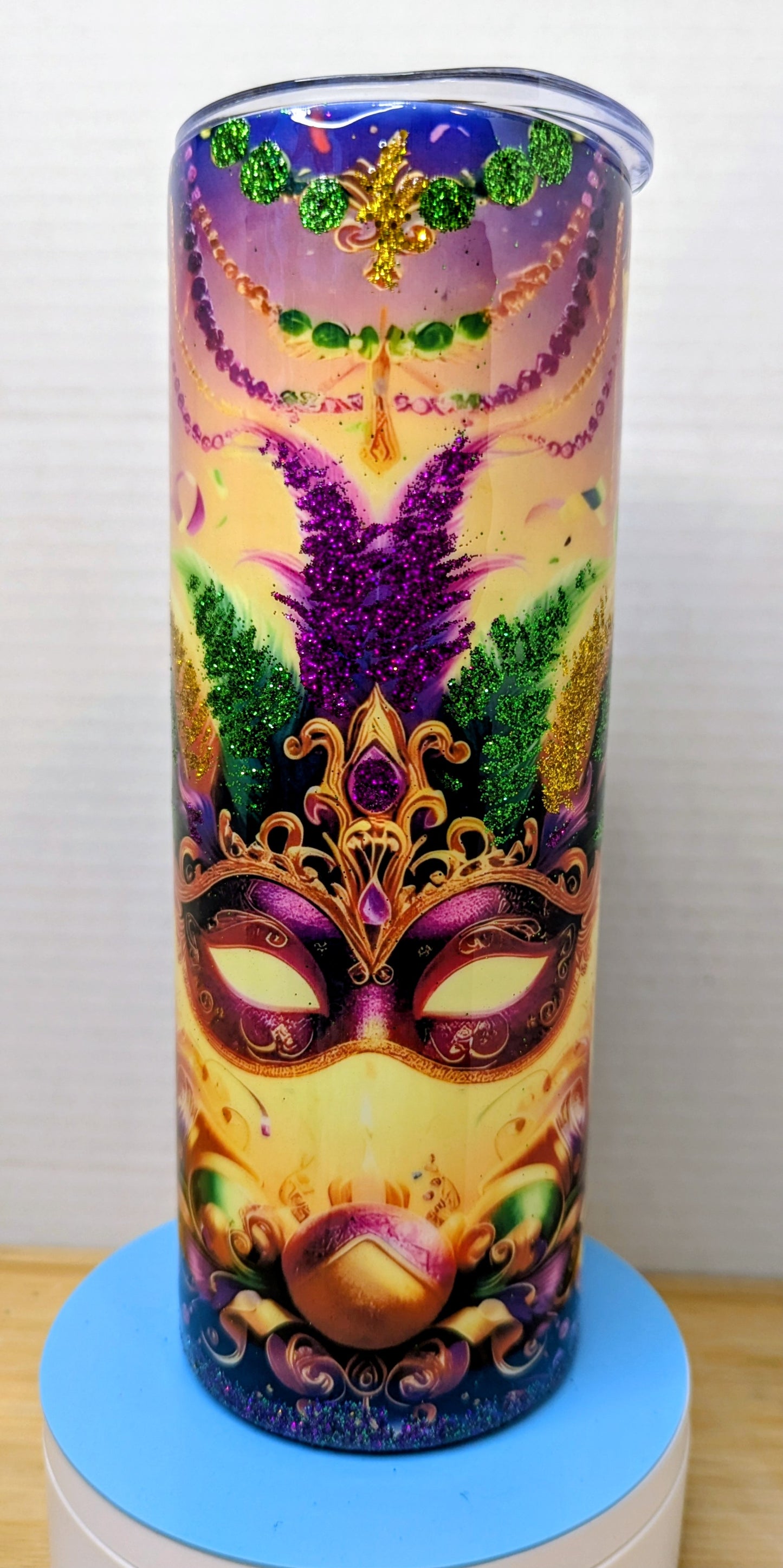 Stainless Steel Tumbler 20oz - Mardi Gras Mask with Glitter Feathers