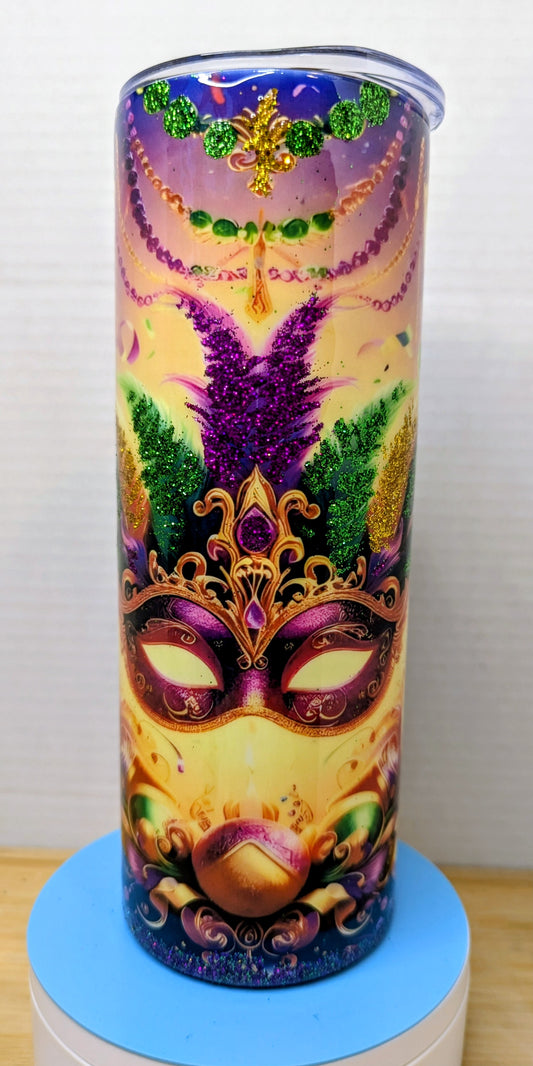 Stainless Steel Tumbler 20oz - Mardi Gras Mask with Glitter Feathers